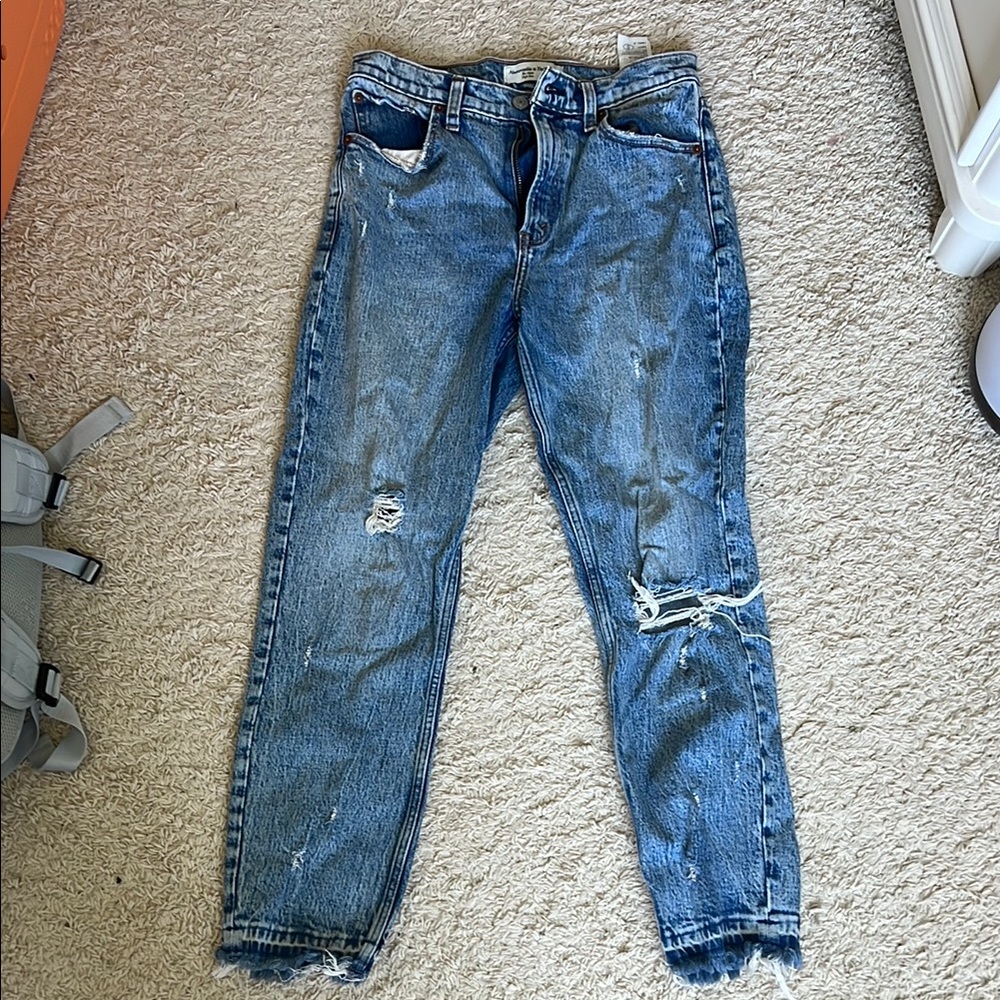 Abercrombie & Fitch the Mom high rise ripped blue jeans